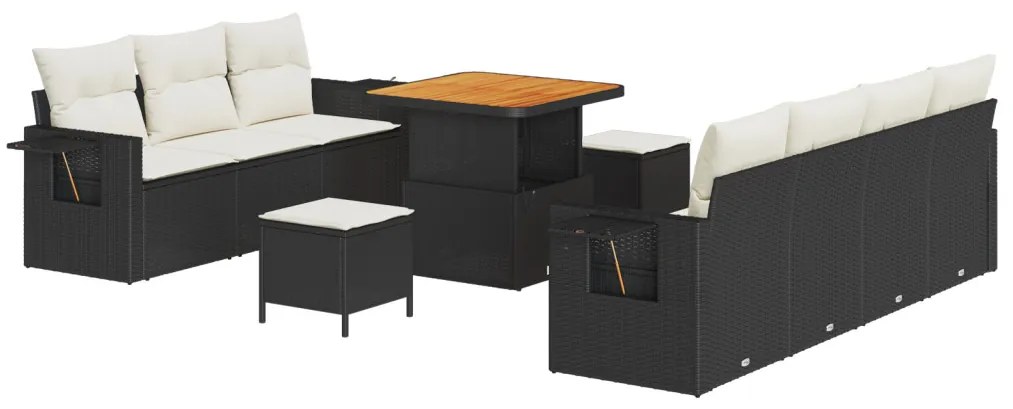 10 darabos kertkanapé szett párnákkal fekete poli rattan akácia