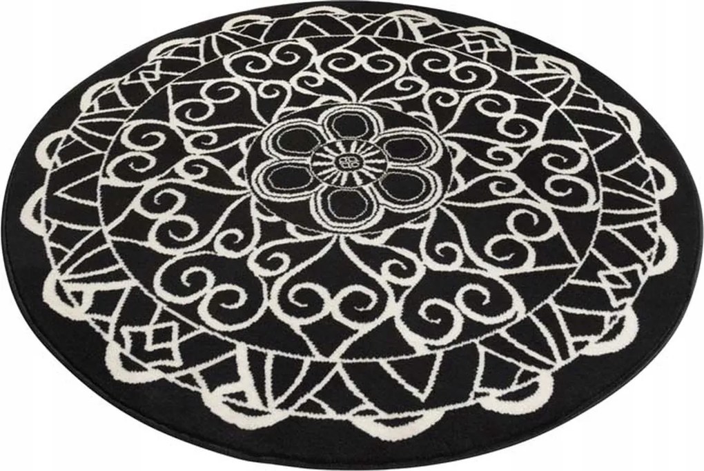 Kerek modern nappali szőnyeg,fekete-krém mintás Mandala 140cm
