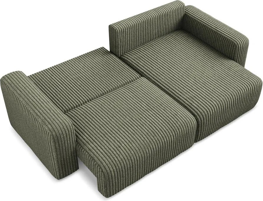 Zöld kordbársony kinyitható-tárolóhelyes sarokkanapé (jobb oldali-heverő résszel) Kona – Makamii