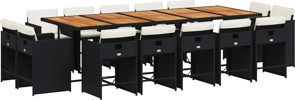 vidaXL 15 részes fekete polyrattan kerti étkezőgarnitúra párnákkal