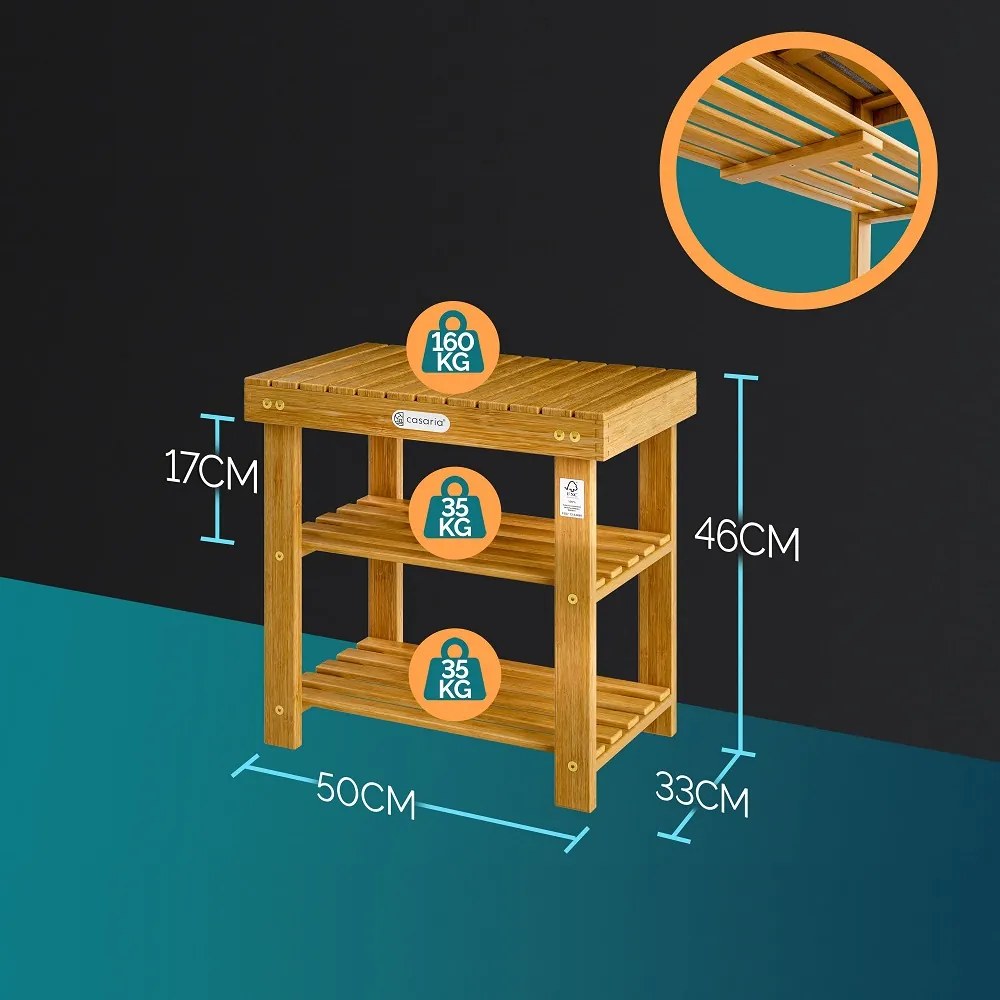NINA előszobai pad cipőtartóval, 50x30x46cm, természetes barna Casaria