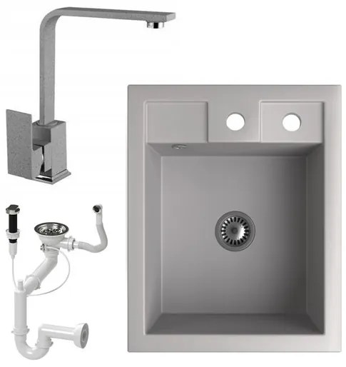 Gránit Mosogató NERO Parma + Design csaptelep + dugóemelő + szifon (szürke)
