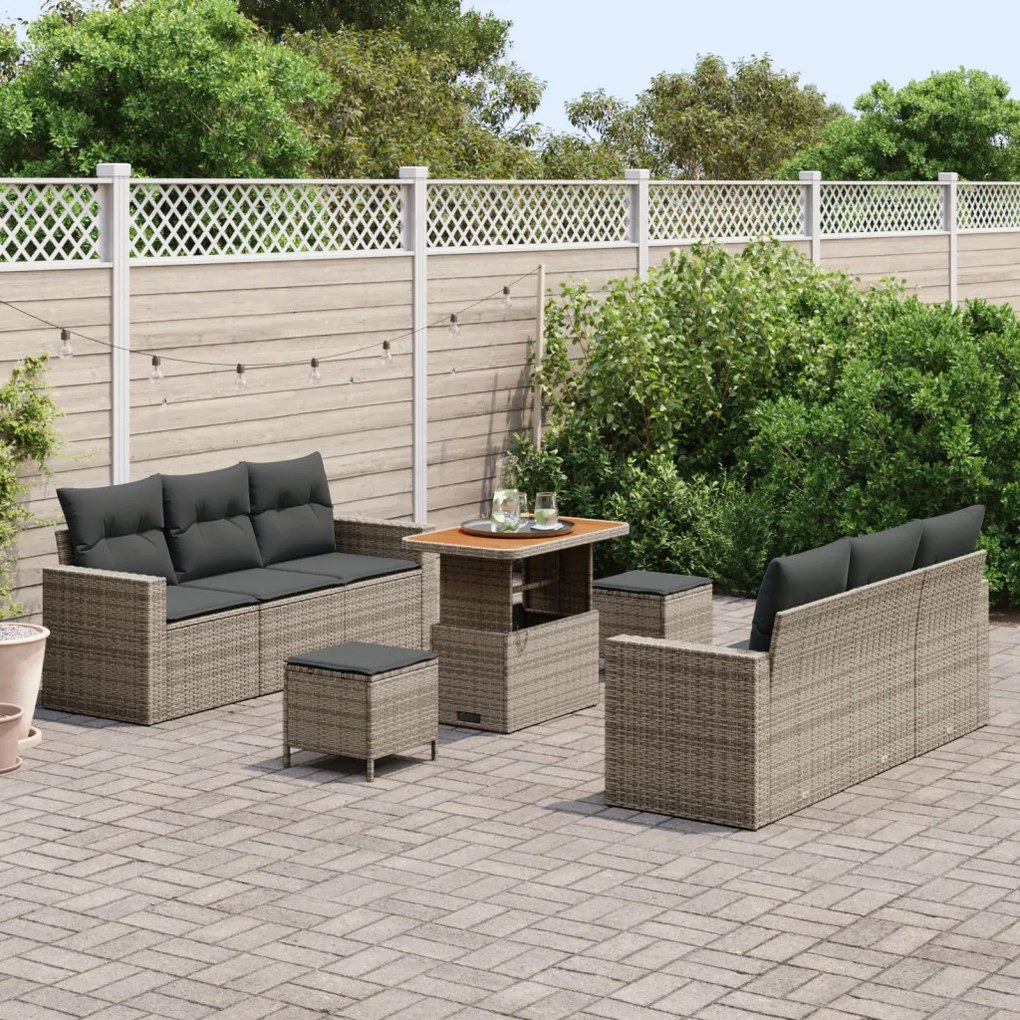 9 Pcs Kertibútor Szett Párnákkal Szürke Poli Rattan Akác, 3 Pcs Kert Étkező Szett Párnákkal Szürke Poli Rattan Akác