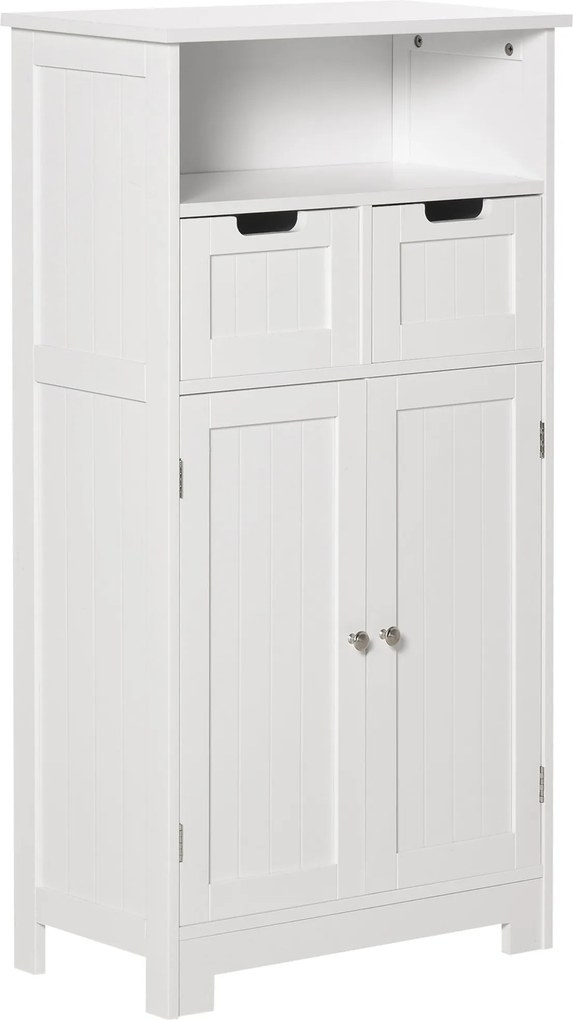 Kleankin Fürdőszobaszekrény 2 Ajtóval, Állítható Polccal, 2 Fiókkal és Nyitott Térrel - 60x30x108,8 cm - Fehér | Aosom