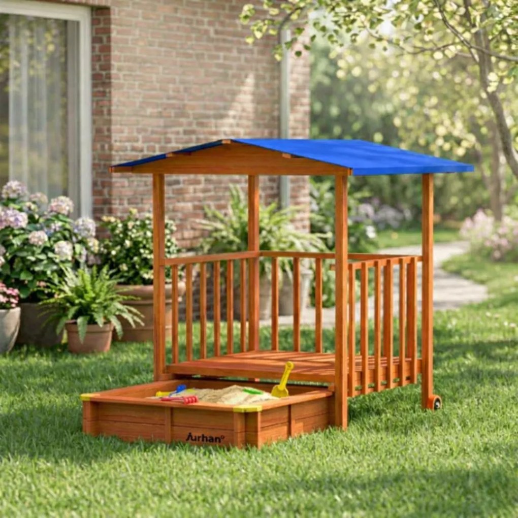 SUNNY verandás homokozó, 130x130x143cm, barna/kék Jurhan