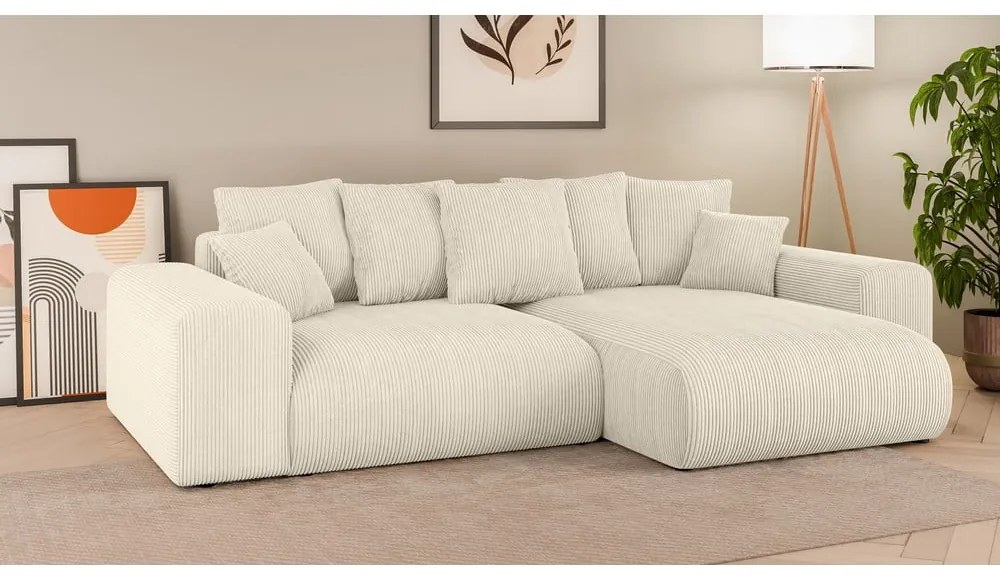 Krémszínű kordbársony kinyitható tárolóhelyes sarokkanapé (variálható sarok) Luma – Ropez