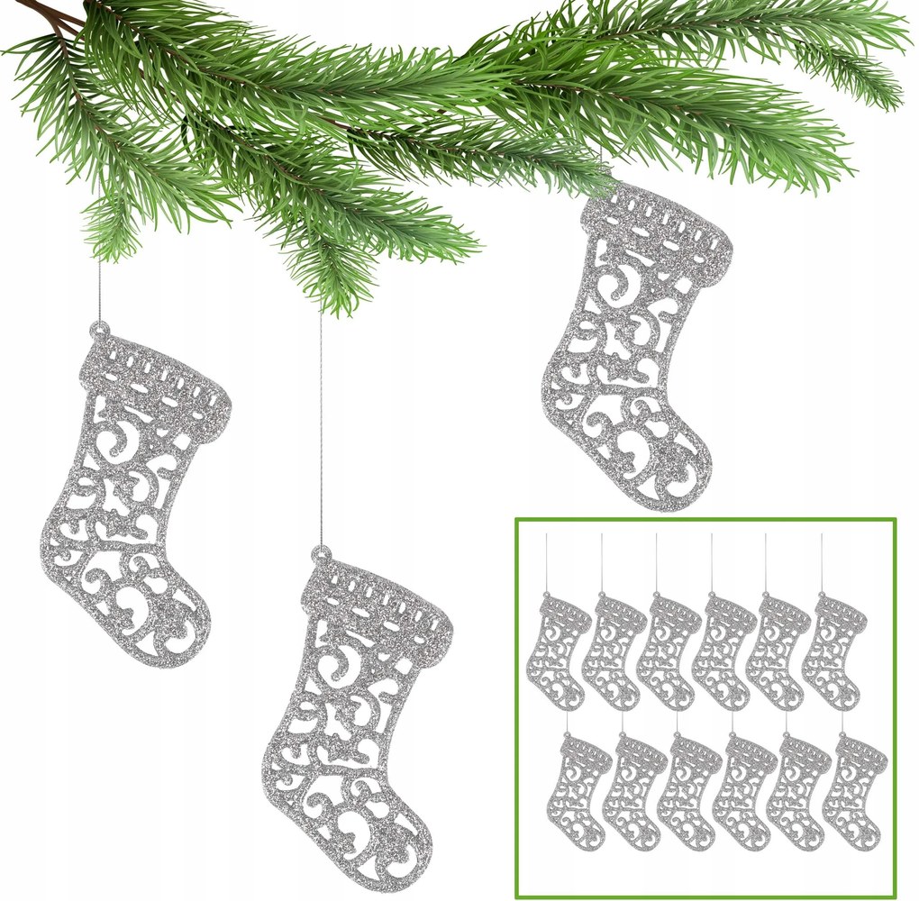 Ezüst karácsonyi zokni karácsonyfára, karácsonyfadísz 10cm, 12db