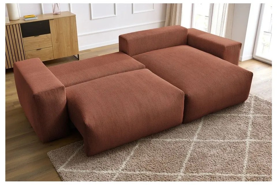 Terrakotta színű kordbársony kinyitható-tárolóhelyes sarokkanapé Voltaire – Bobochic Paris