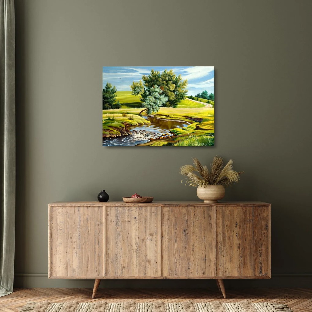 Kép - folyó a rétek között,, olajfestmény (üvegen) (70x50 cm)