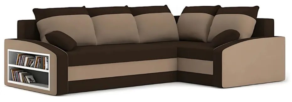 Grande sarokkanapé polcokkal , polc a bal karfaban, jobboldali, szövet anyag, hab töltet, barna