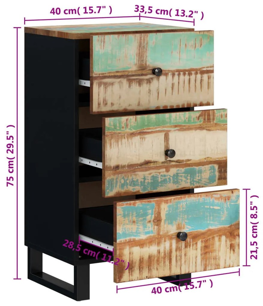 újrahasznosított fa tálalószekrény 3 fiókkal 40x33,5x75 cm