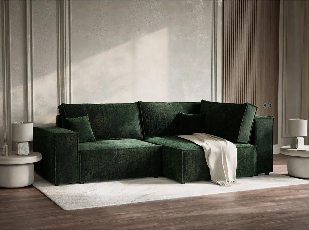 Sötétzöld zsenília kinyitható-tárolóhelyes sarokkanapé (jobb oldali-L alakú) Tonga – Maison de Rêve