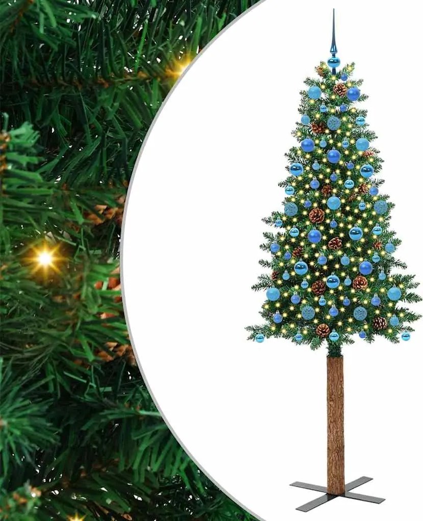 vidaXL Karcsú karácsonyfa 300 LED-del Zöld 210 cm PVC és tömör fenyőfa
