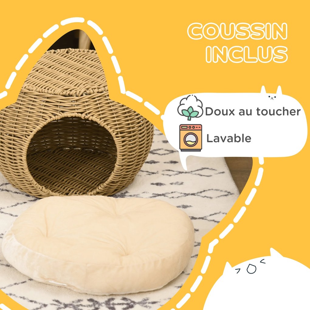 PawHut Macska Ház Ágy Macska Kosár Rattan-Stílusú Woven Resin Imitáció Rattan Puha Párna Ø 40 x 30 cm világosbarna | Aosom