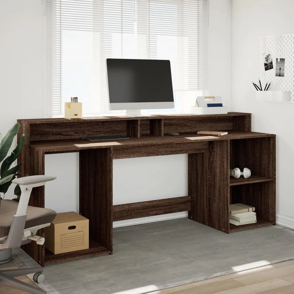 barna tölgy színű szerelt fa íróasztal LED-ekkel 200x55x91 cm