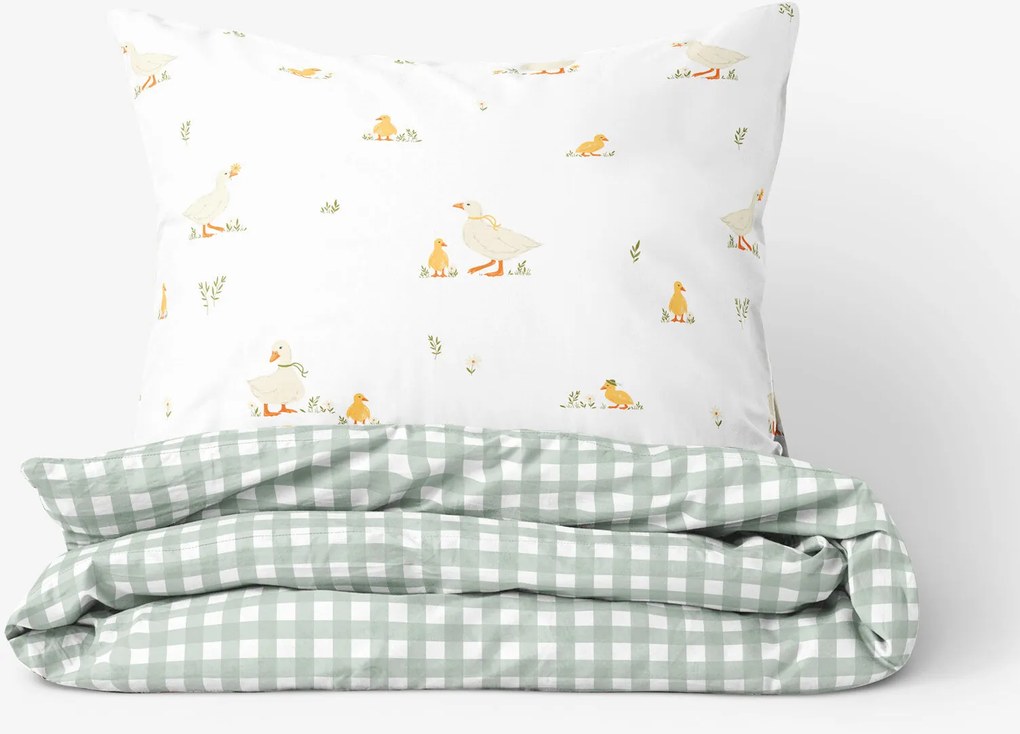 Goldea húsvéti pamut ágyneműhuzat - kacsák és kockás zsálya színű 220 x 200 és 2db 70 x 90 cm