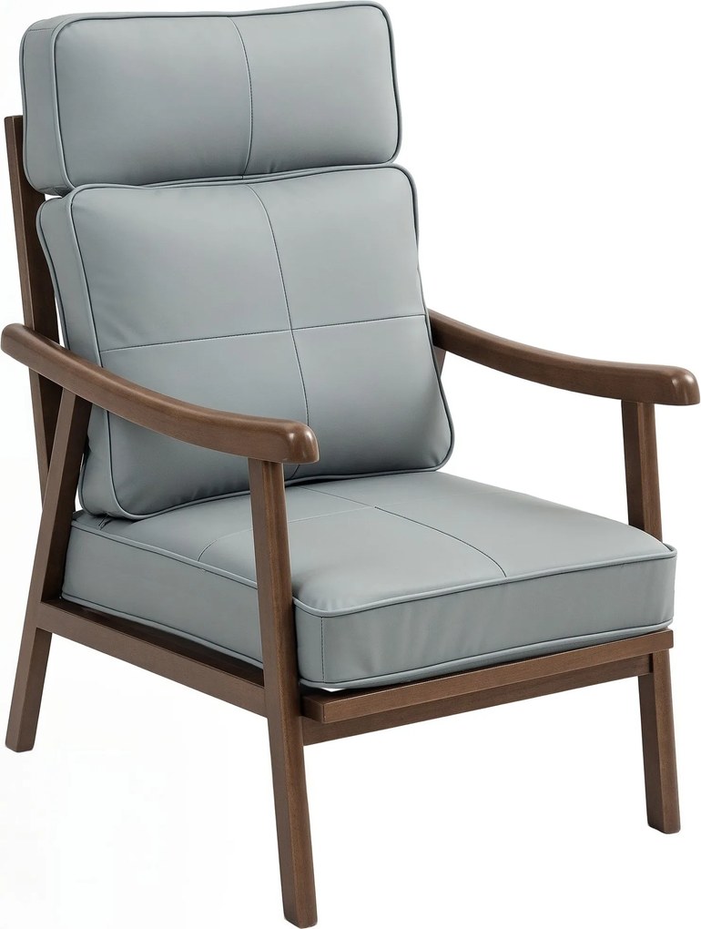 HOMCOM Kárpitozott Karosszék PU Kárpitozással és Fa Kerettel, Vastag Párnázott Üléssel, Magas Támlával, 150 kg Teherbírású Olvasószék a Nappaliba és H