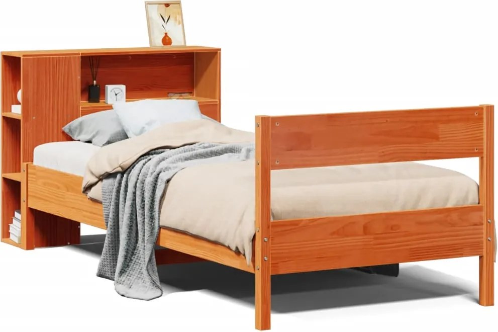 vidaXL barna tömör fenyőfa könyvespolcos ágy matrac nélkül 75 x 190 cm