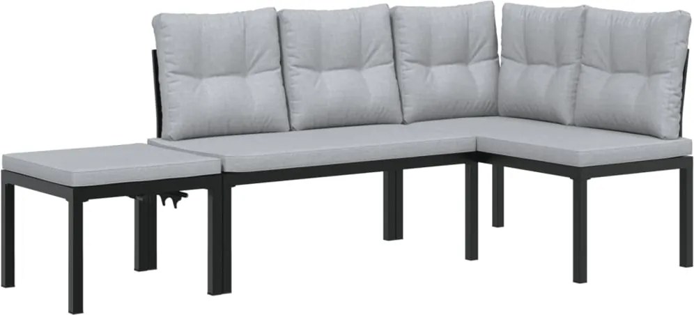 vidaXL 3 részes fekete porszórt acél kerti padszett párnákkal
