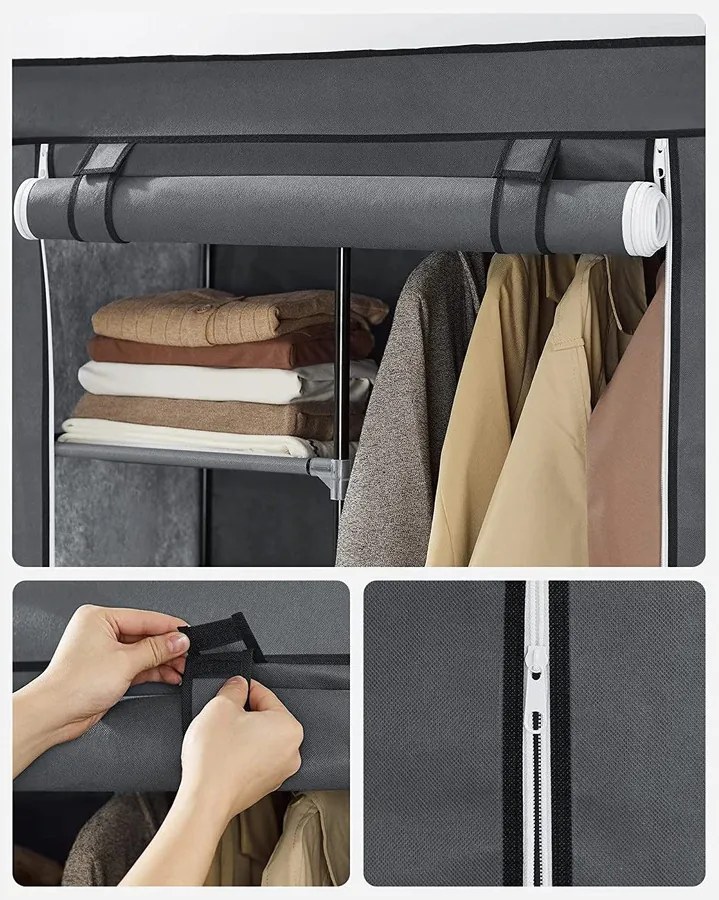 Összecsukható szövet ruhásszekrény, mobil gardrób, 88x45x 70 cm, szürke