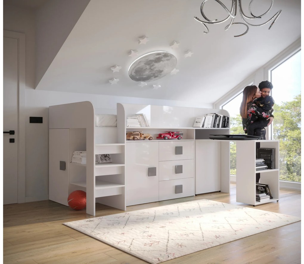 Kombinált gyerekágy 90 cm Toreno 1 (fehér + fényes fehér + szürke fényes foganytúk). 1083311