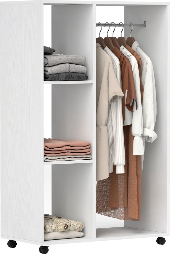 HOMCOM Görgős Ruhásszekrény, Mobil Ruhásszekrény, 1 Rúddal, 3 Polccal, Gurulós Ruhatartó Előszobába, Hálószobába, 80 x 40 x 128 cm, Fehér | Aosom