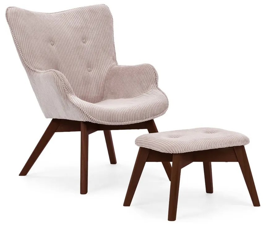 Világos rózsaszín kordbársony fotel lábtartóval Niko – Ropez