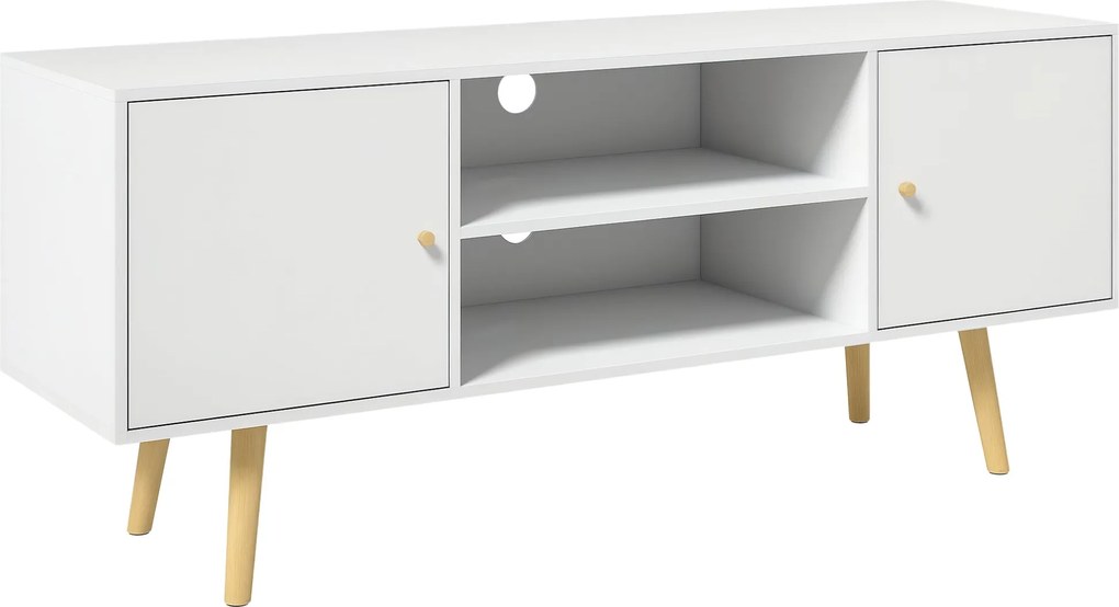 HOMCOM TV állvány nappali TV asztal 2 ajtóval, 2 tárolópolccal legfeljebb 55 colos tévékhez, 120x34x50 cm, fehér | Aosom