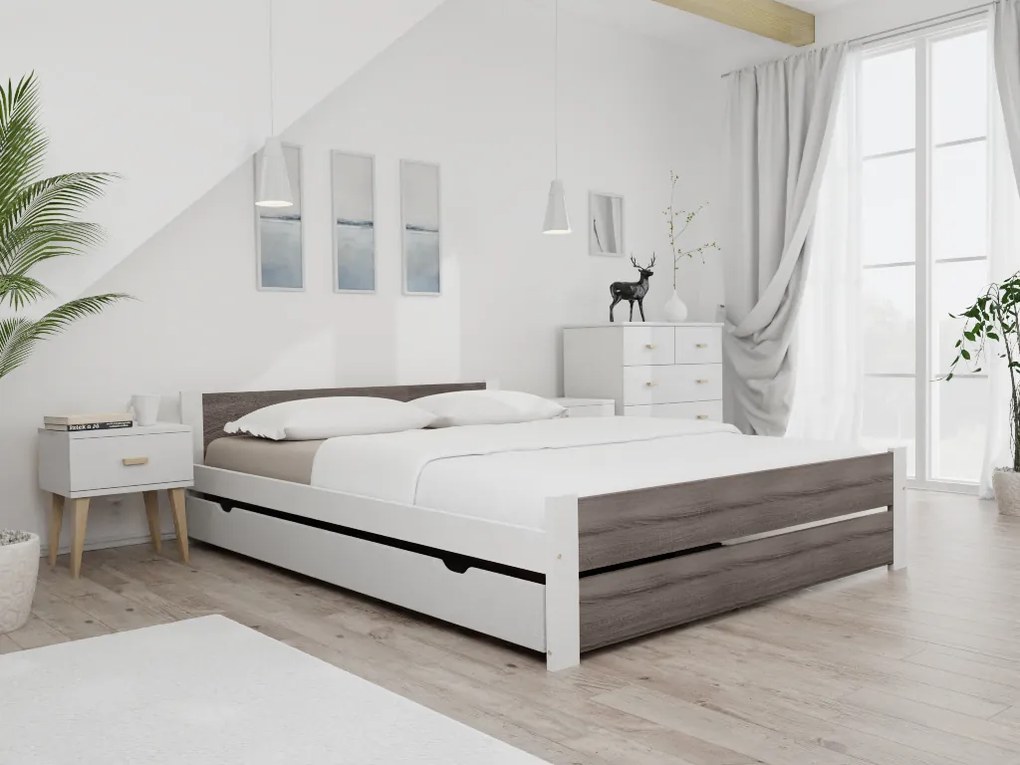 Ágy IKAROS DOUBLE 140 x 200 cm, fehér/szarvasgomba tölgy Matrac: Deluxe 10 cm matraccal, Ágyrács: Deszkás ágyráccsal