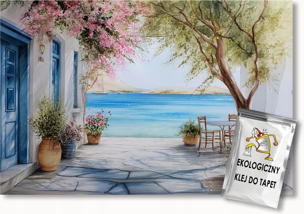 Fotótapéta Flizelina Görögország Cikládák Ház Terasz Tenger Virágok 200x140 ragasztó