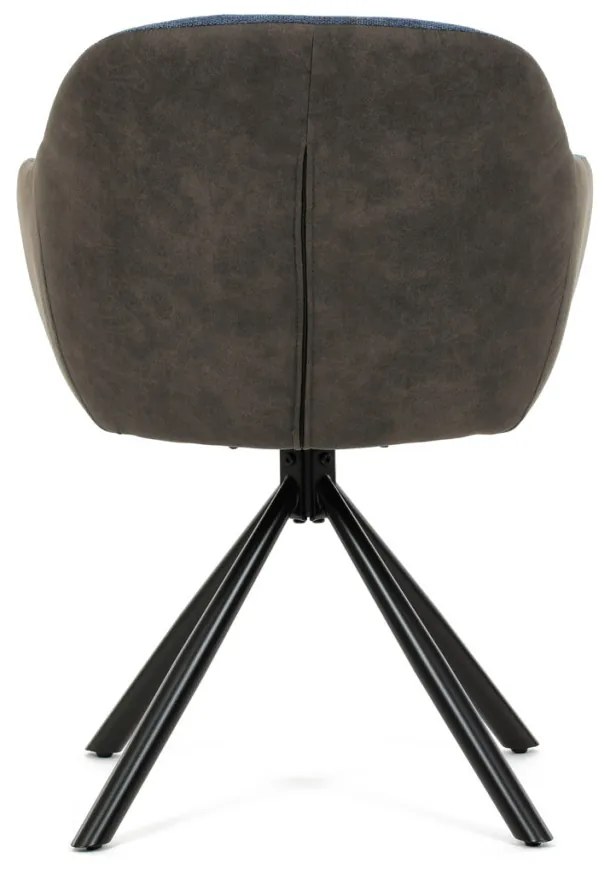 Scaun de sufragerie pivotant, țesătură albastră și țesătură gri închis, cu decor vintage din piele, metal negru, rotativ P90°+ L90° cu mecanism de retragere