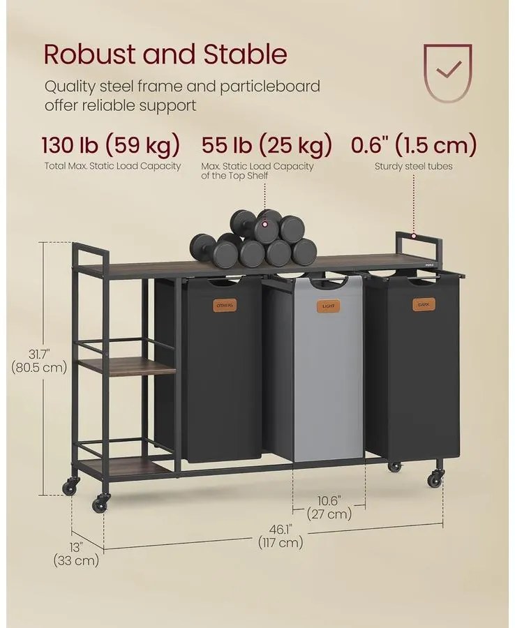 Szennyestartó 3 rekesszel, 150 L-es szennyesválogató fekete és szürke színben