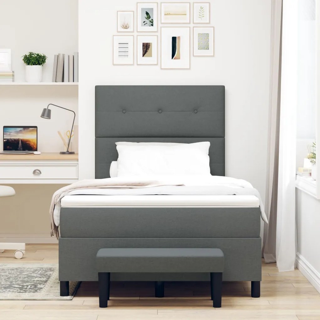 Box spring ágy matraccal és pad sötétszürke 120x190 cm szövet
