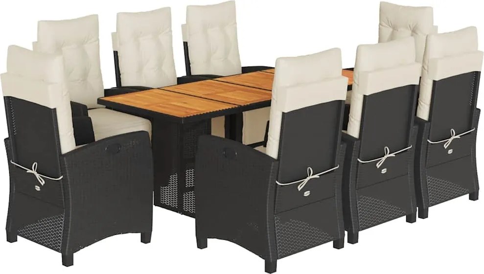 vidaXL 9 részes fekete polyrattan kerti étkezőgarnitúra párnákkal