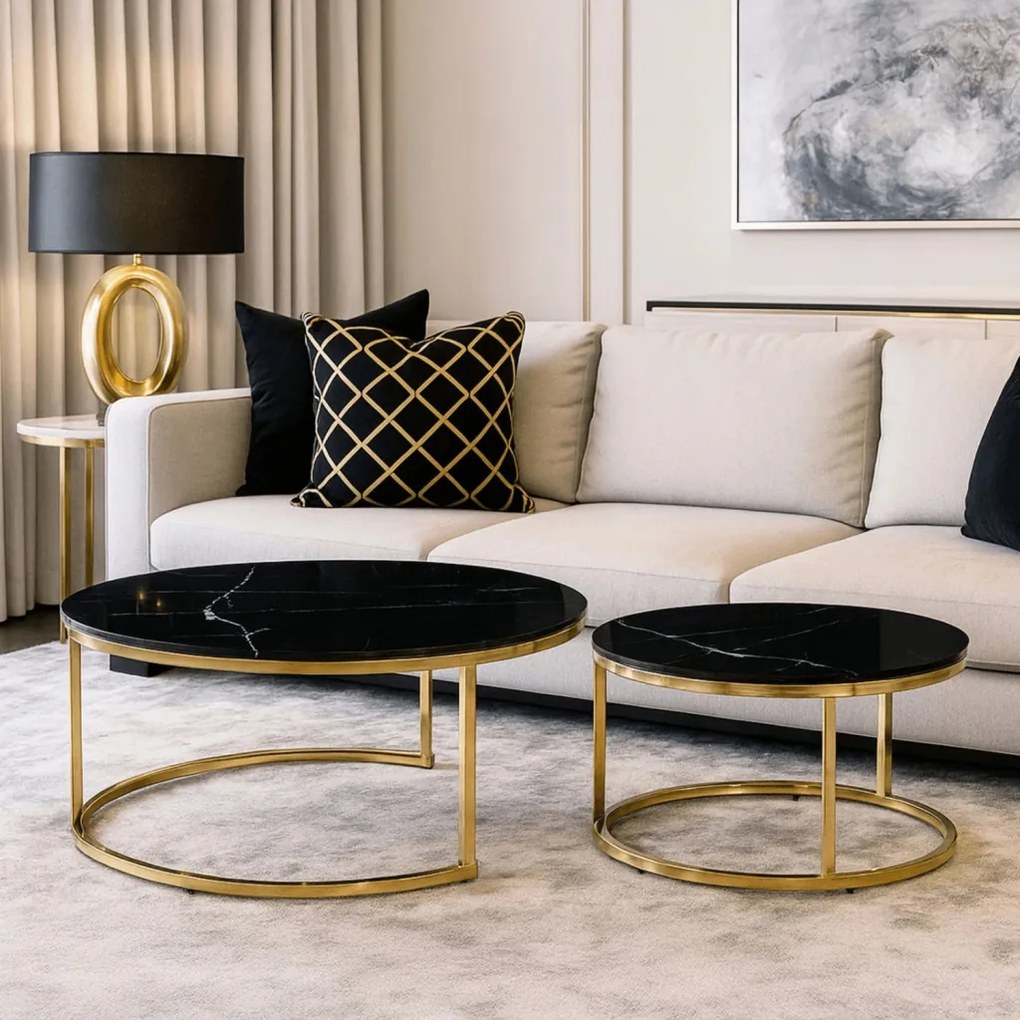 Fekete Márvány/Arany Dohányzóasztal Szett MILANO