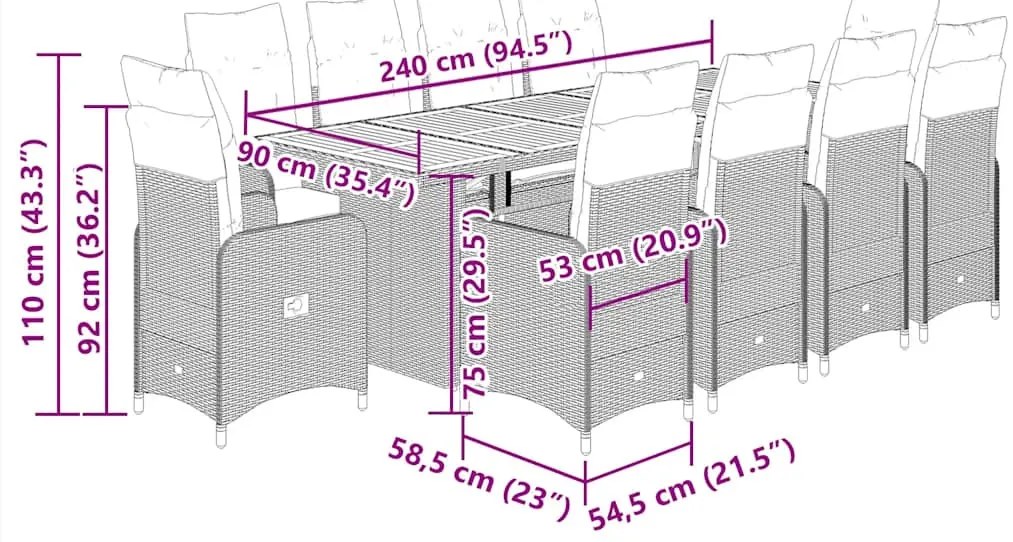 vidaXL 11 részes fekete polyrattan kerti bisztrógarnitúra párnákkal