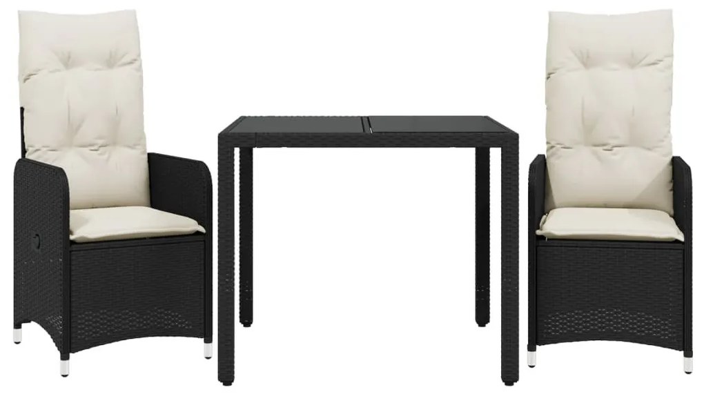 3 részes fekete polyrattan kerti bisztrógarnitúra párnákkal