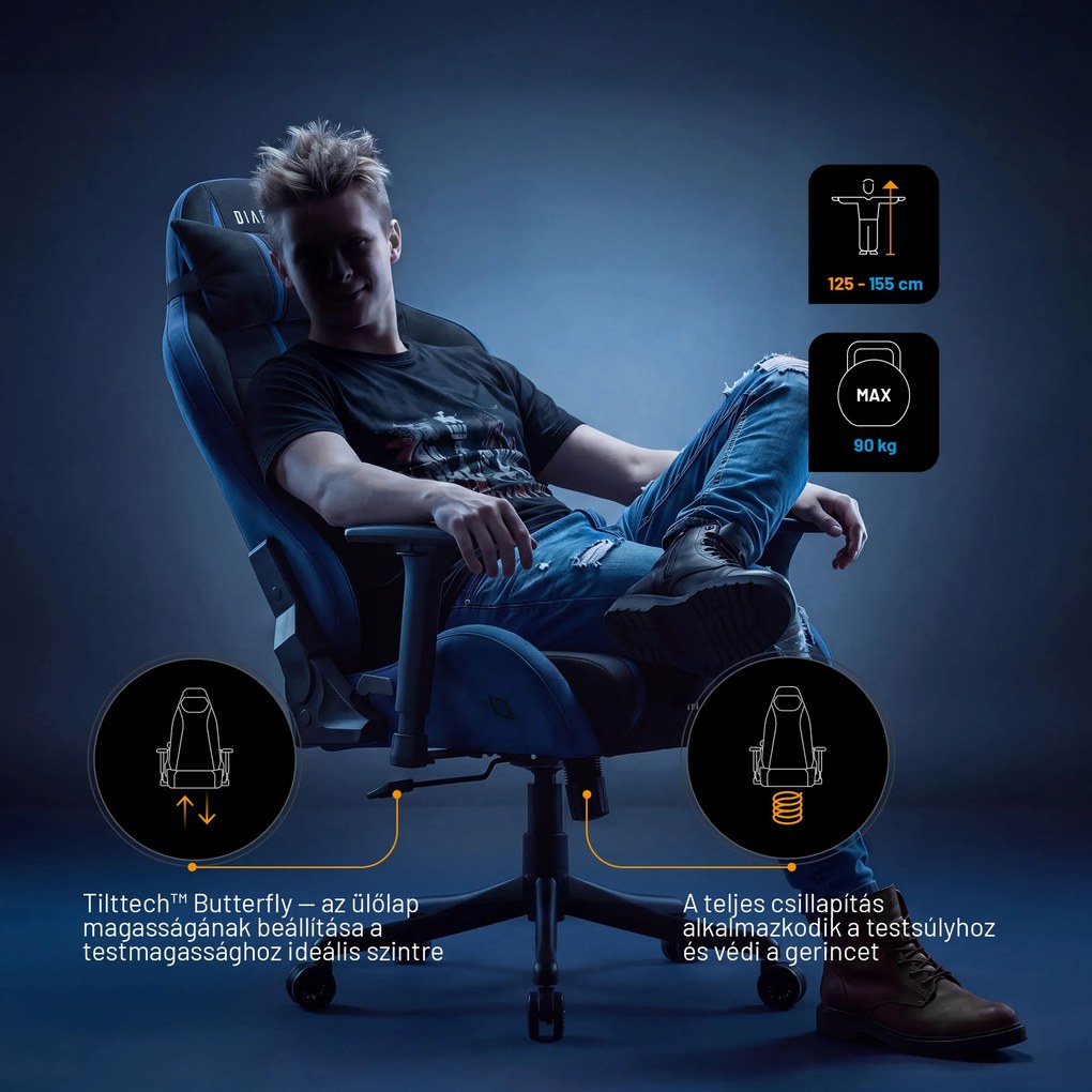 Gamer szék szövet Small Size, fekete-kék: Diablo X-One 2.0 Night Blue