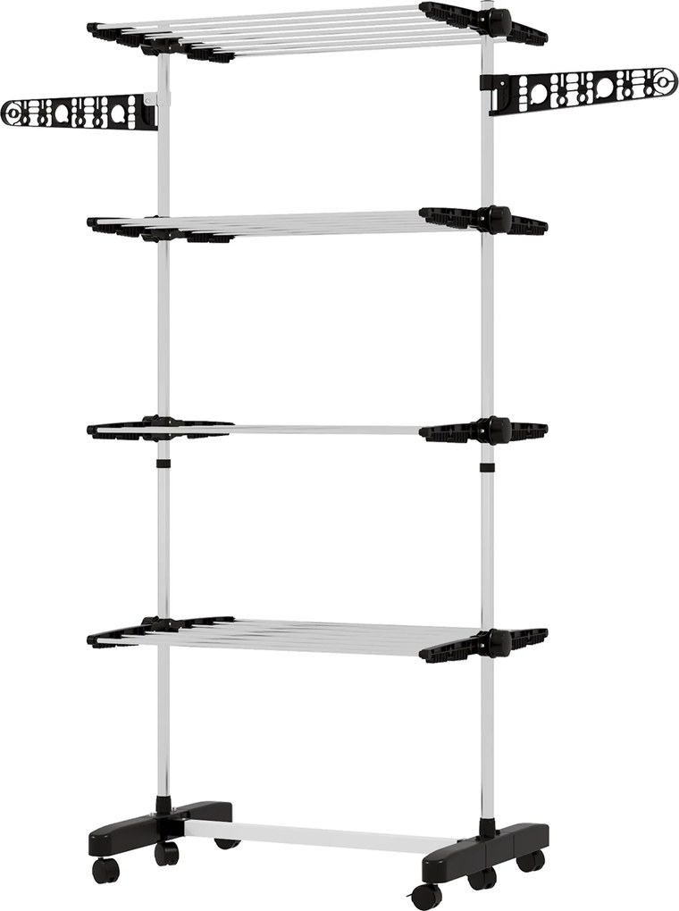 HOMCOM 4 szintes Törölköző Szárító Torony, Összecsukható Szárnyakkal, Kerekekkel, Belső és Külső Használatra, 142 x 55 x 172 cm, Fekete | Aosom
