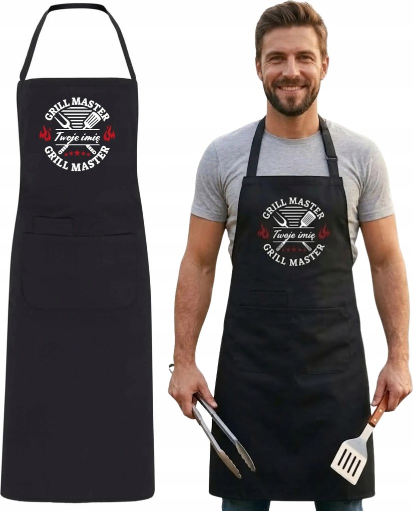 Férfi Grillkötény Fekete Névvel Személyre Szabott Grill Master 90cm