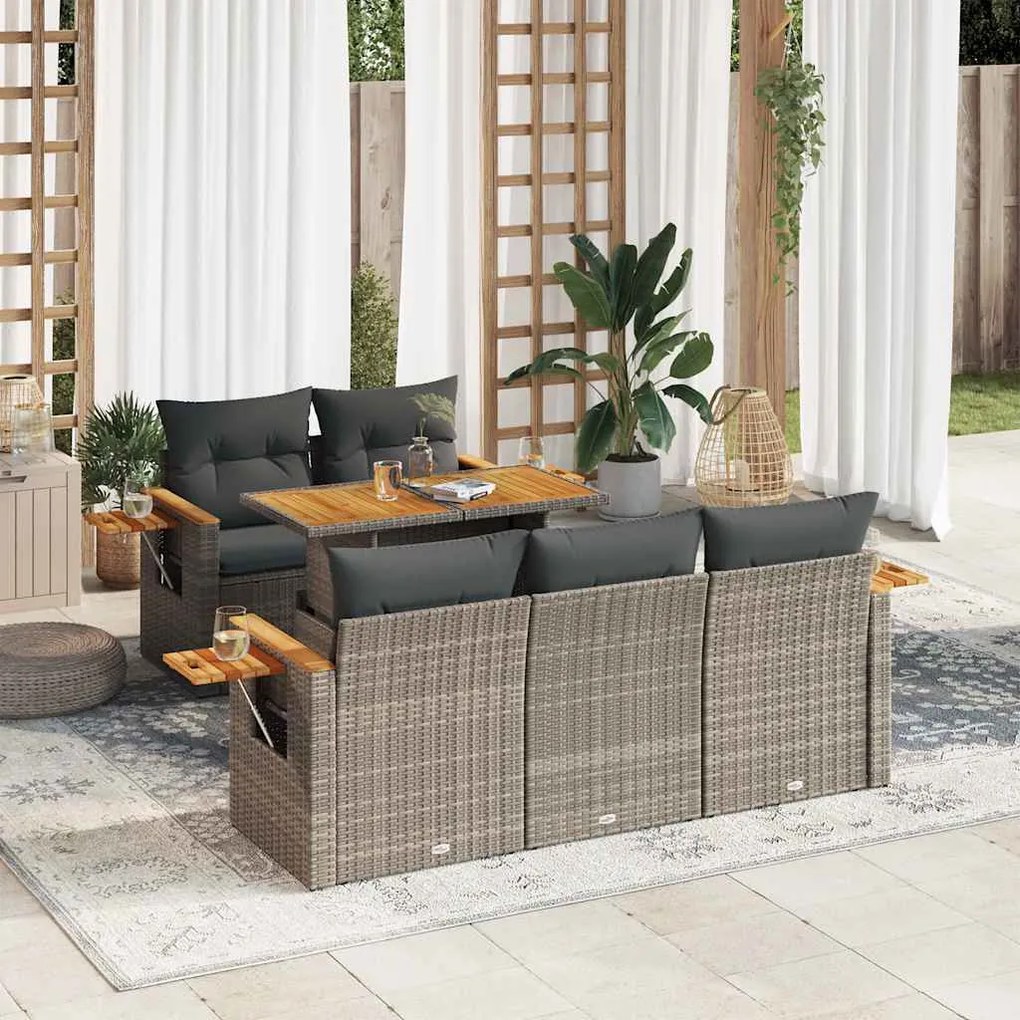 6 részes szürke polyrattan akácfa kerti ülőgarnitúra párnákkal