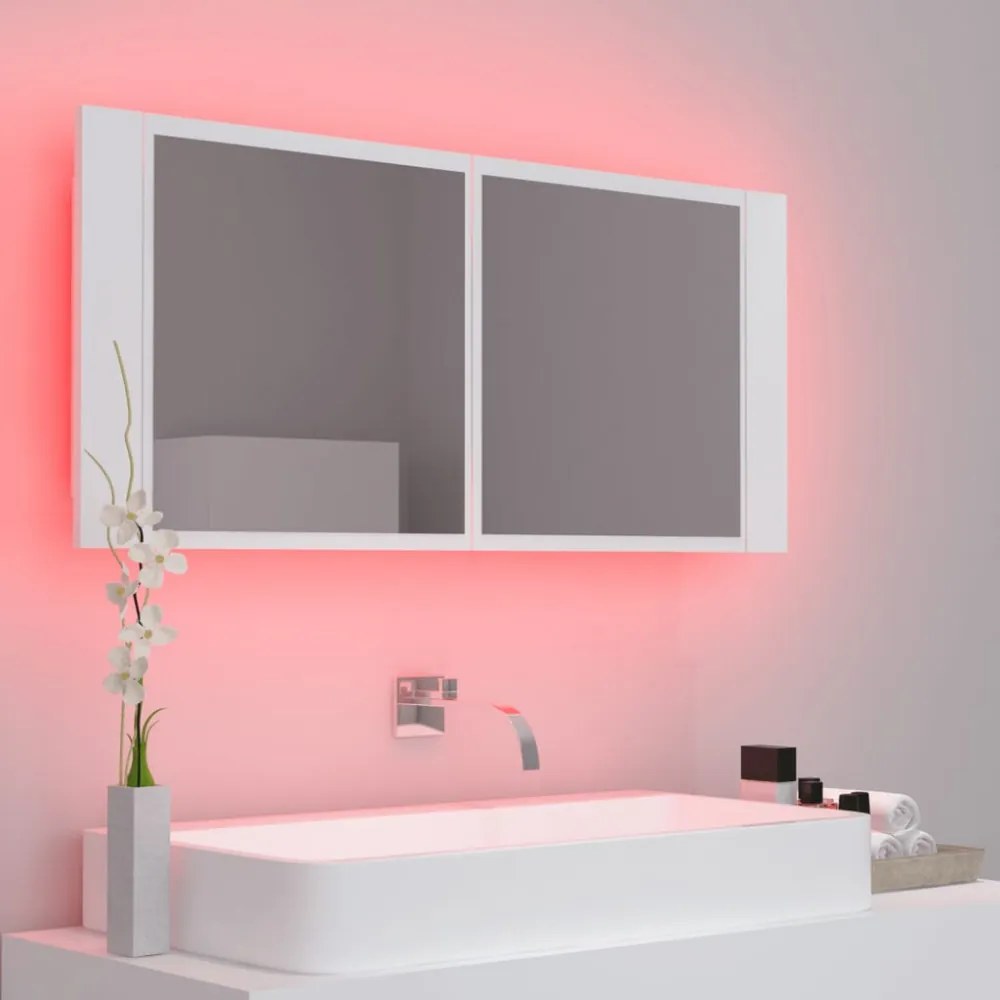 fehér akril LED-es fürdőszobaszekrény tükörrel 100 x 12 x 45 cm