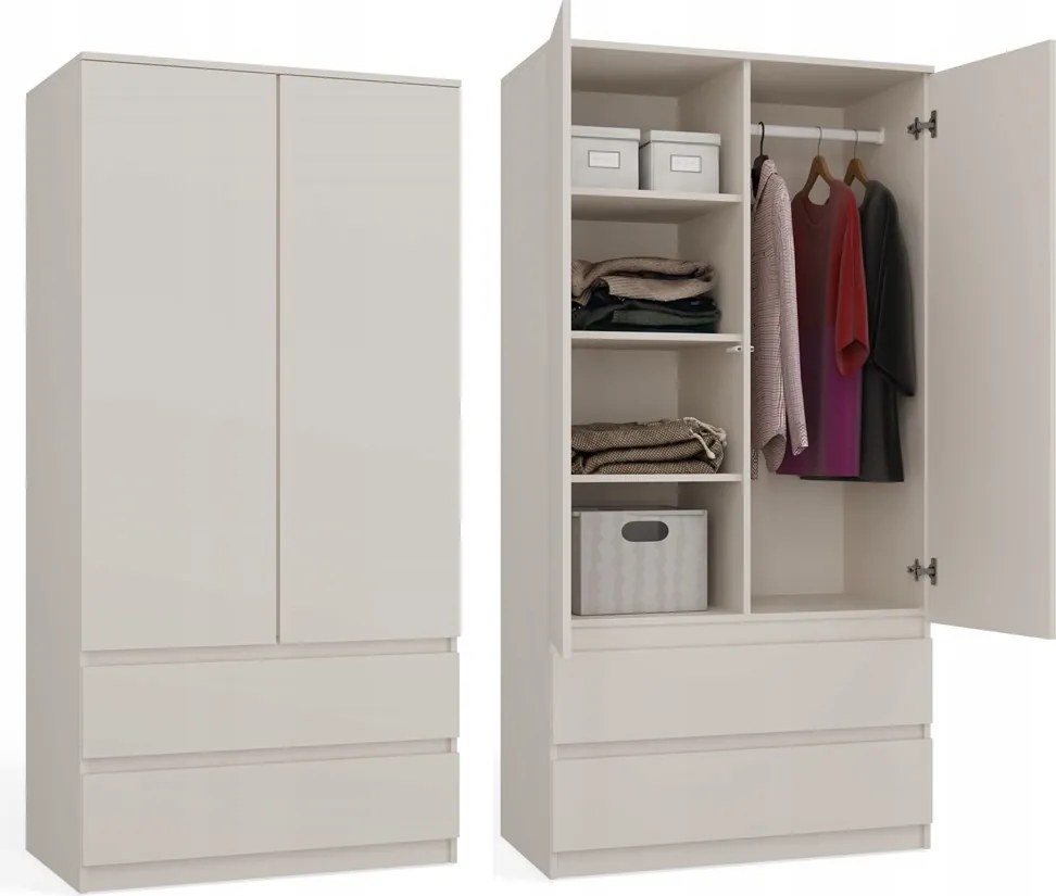 Mályva Szekrény SS-90 Gardróbszekrény 2 Ajtó 2 Fiók 90CM Kasmír Bézs Hálószoba