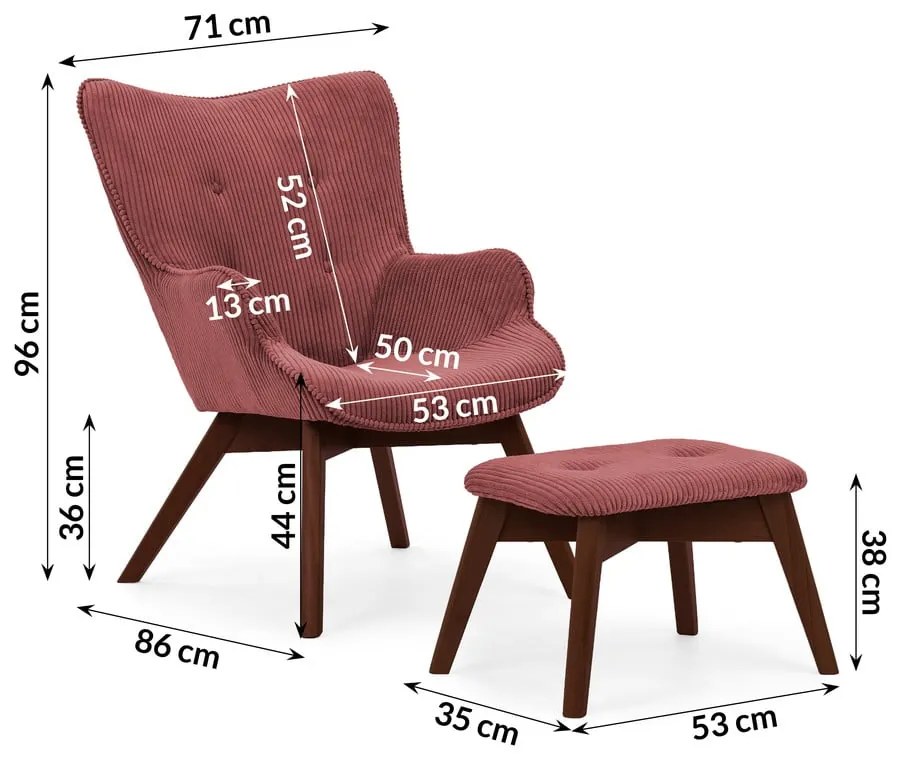 Piros kordbársony fotel lábtartóval Niko – Ropez