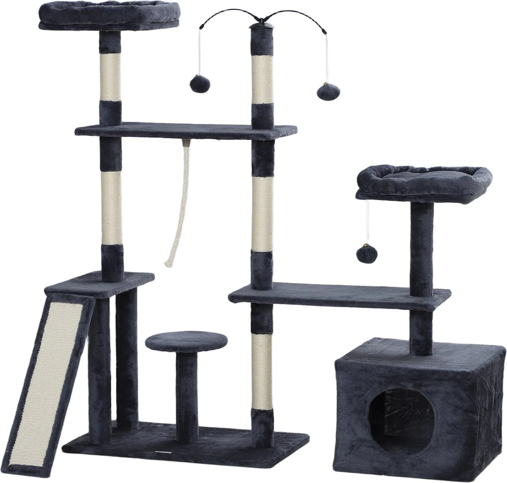 PawHut Macska Kaparófája 134 cm Macska Torony Kaparóoszlopo(ka)t Nappalival, Búvóhely(ek)kel, Platformokkal, Játék Golókkal és Szizálos Oszlopokkal –