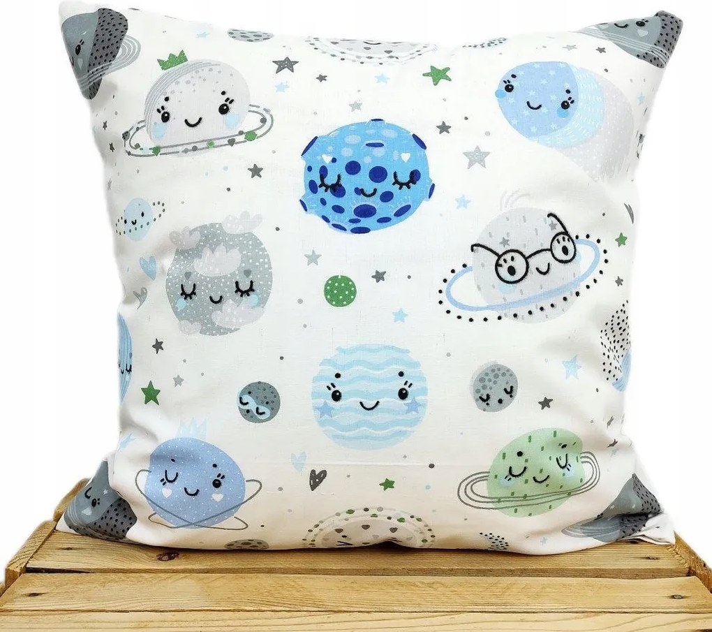 Prémium pamut gyerek párnahuzat kék bolygó kerekek 40x40