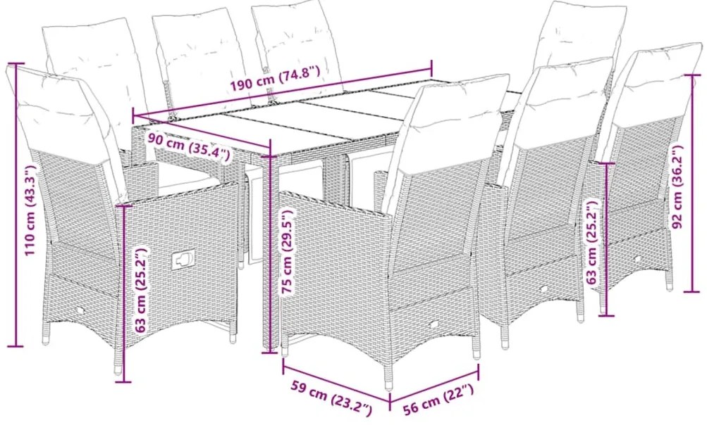 9 részes szürke polyrattan kerti bisztrógarnitúra párnákkal