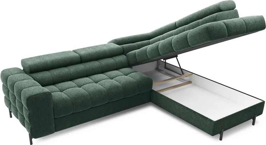 Zöld buklé kinyitható-tárolóhelyes sarokkanapé (jobb oldali-L alakú) Ferucce – ELTAP