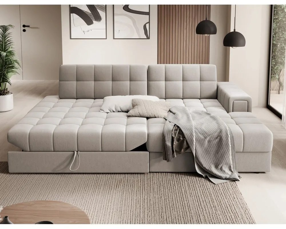 Bézs bársony kinyitható sarokkanapé (jobb oldali-heverő résszel) Blezalt – ELTAP