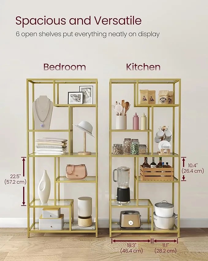 Könyvespolc, álló polc, 6 szintes, fém, arany 30x80x180cm